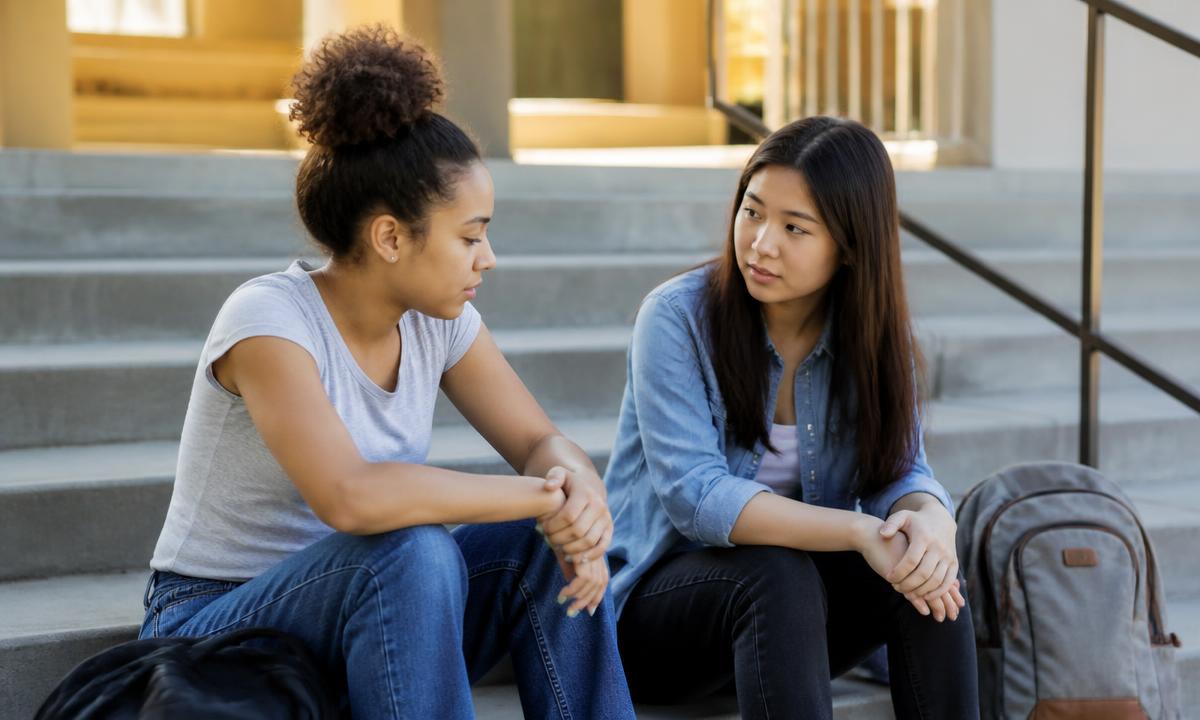Duas estudantes conversando sentadas na escada da escola