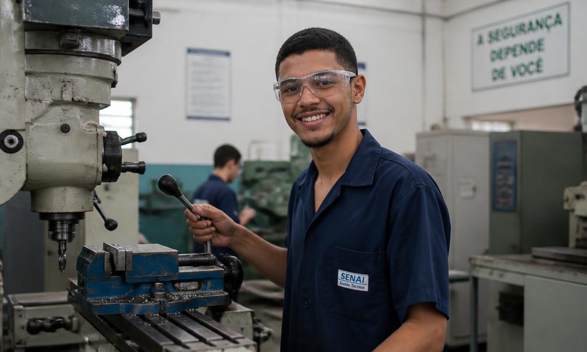 Jovem técnico operando máquina em oficina de escola técnica
