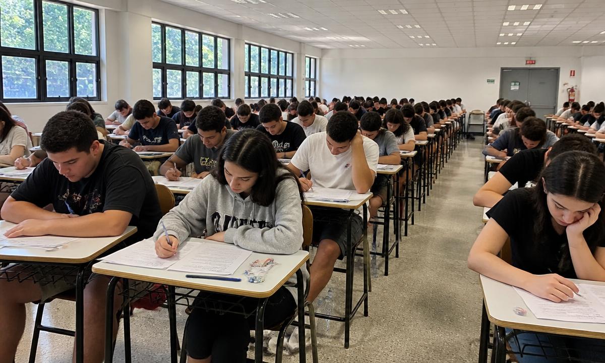 Estudantes fazendo prova em um salão de universidade