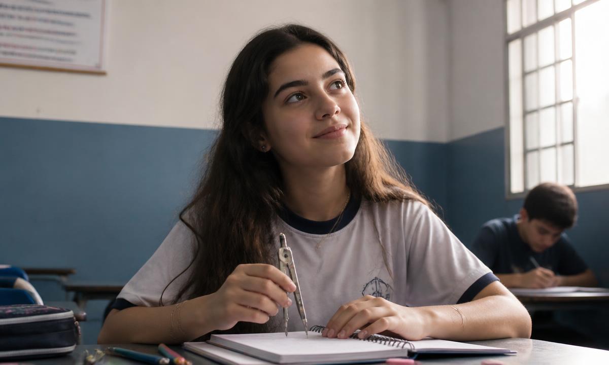 Estudante do ensino médio pensando com caderno e compasso na sala de aula