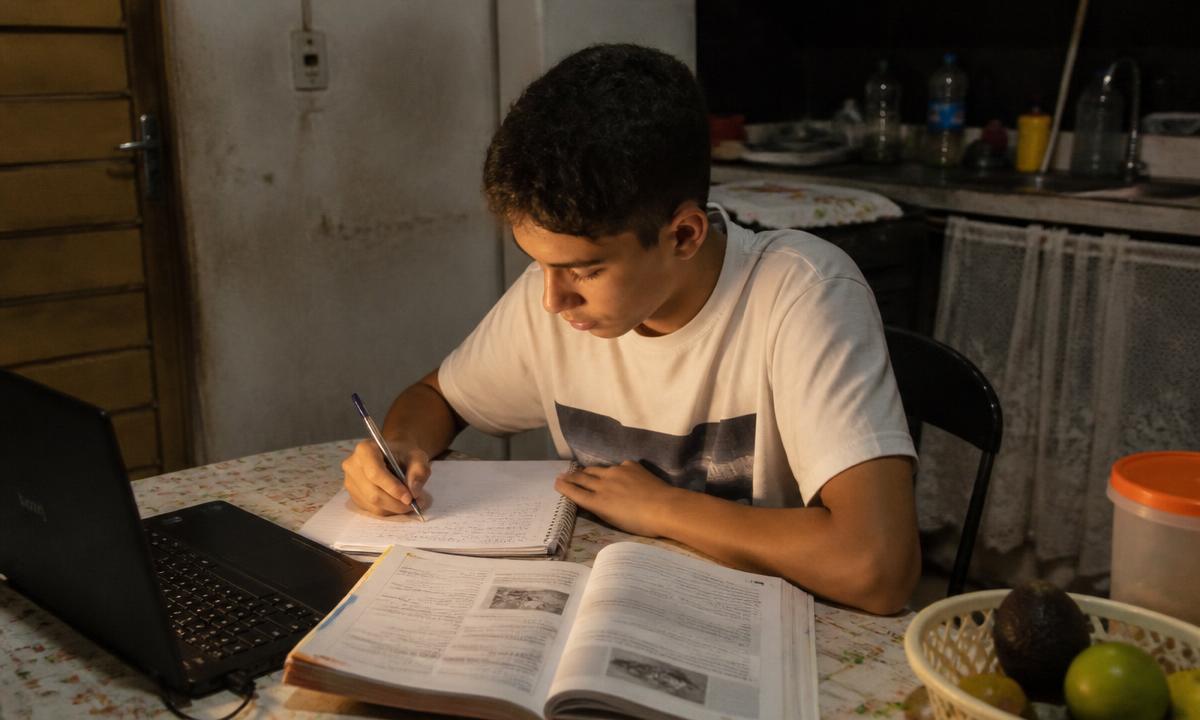 Estudante estudando à noite na mesa da cozinha com notebook e livros