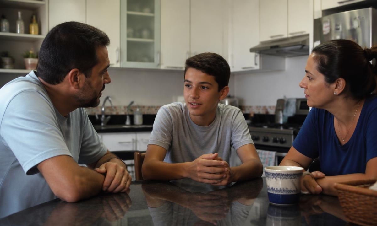 Adolescente conversando com os pais na mesa da cozinha