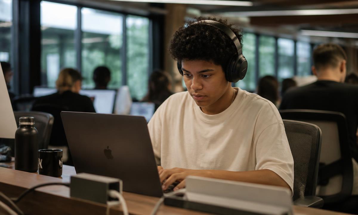 Jovem trabalhando com notebook e fones em espaço de coworking
