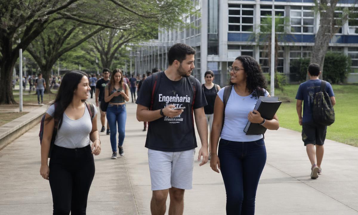 Estudantes caminhando no campus de uma universidade pública
