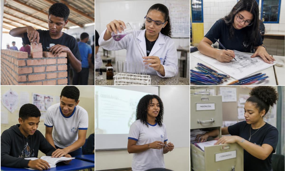 Estudantes em atividades diferentes: oficina, laboratório, desenho, ensino, apresentação e organização
